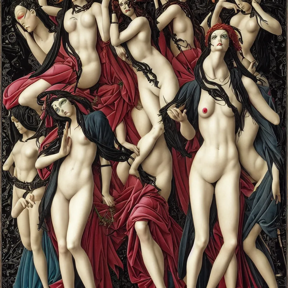 Image similar to 12 figures representing the sins, 3 are Gluttony, 3 are Pride, 3 are Envy, and 3 are Wrath, in a mixed style of Botticelli and Æon Flux, inspired by pre raphaelite paintings, and cyberpunk!!!, stunningly detailed, stunning inking lines, flat colors, 4K photorealistic.