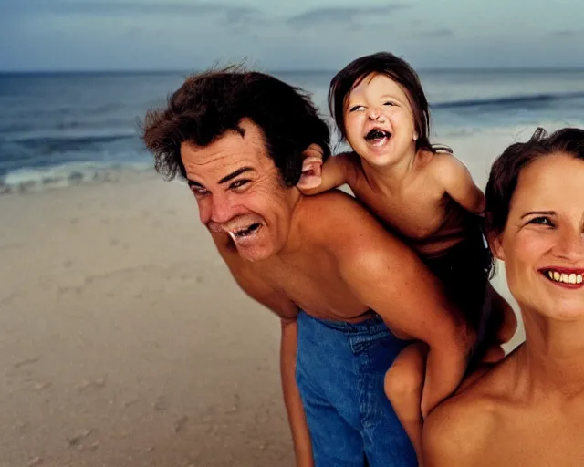 Prompt: portrait of a happy family at the beach, outdoor lighting, realistic, smooth face, perfect eyes, wide angle, sharp focus, high quality, professional photography, photo by annie leibovitz, mark mann