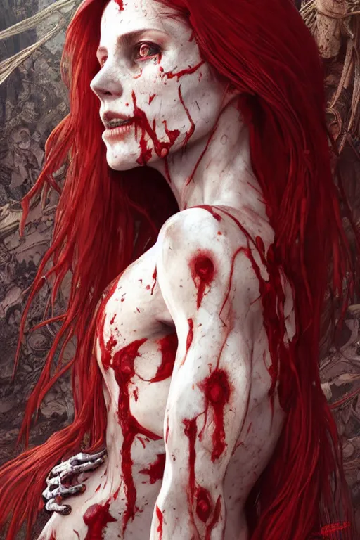 Image similar to woman skeleton covered with blood, long red hair, ultra realistic, concept art, intricate details, highly detailed, photorealistic, octane render, 8 k, unreal engine. art by artgerm and greg rutkowski and alphonse mucha