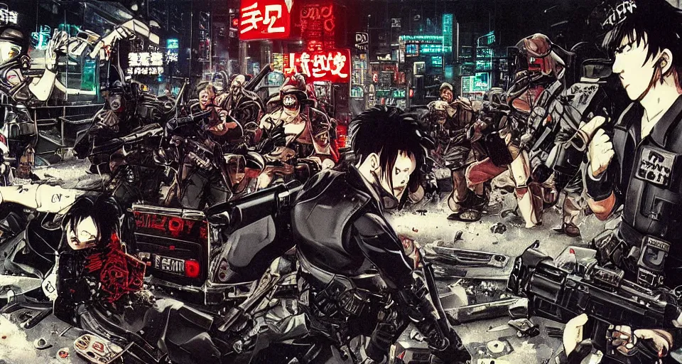 Prompt: 1988 Video Game Concept Art for Anime Neo-tokyo Cyborg bank robbers vs police, Set inside of the Bank, Open Bank Vault, Multiplayer set-piece Ambush, Tactical Squads :10, Police officers under heavy fire, Gunshots, Bullet Holes and Anime Blood Splatter, :10 Gas Grenades, Riot Shields, Chaos, Akira Anime Cyberpunk, Anime Machine Gun Fire, Sakuga MAD Gunplay, Shootout, :14 Vibrant 80s Anime Style Created by Katsuhiro Otomo: 20