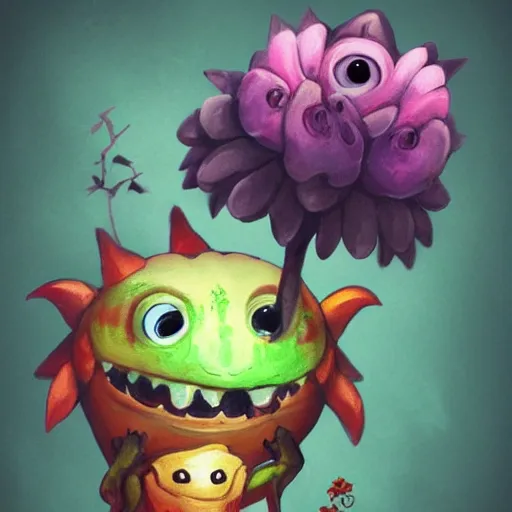 Prompt: small cute monster holding flower, concept art, detailed