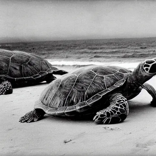 Image similar to mega turtle invading rio de janeiro in 1895, black and white historical picture, good quality, during daytime, at the beach, panic