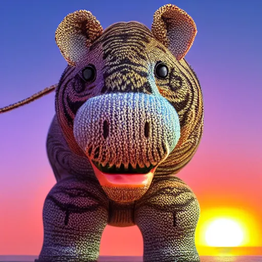 Image similar to a closeup photorealistic photograph of a cute smiling knitted tiger hippopotamus chasing a beachball at sunset. surf in the background. professional capture. this 4 k hd image is trending on artstation, featured on behance, well - rendered, extra crisp, features intricate detail, epic composition and the style of unreal engine.