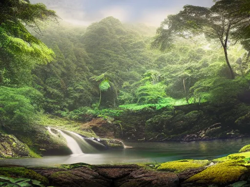 Image similar to serene landscape of a rain forest, panorama, photorealist, 4 k