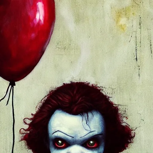 Image similar to grunge painting of stranger things with a wide smile and a red balloon by chris leib, loony toons style, pennywise style, corpse bride style, horror theme, detailed, elegant, intricate