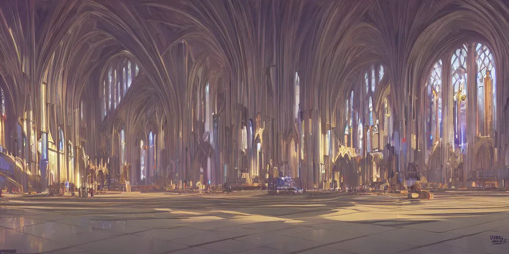 Image similar to a futuristic cathedral interior with holograms all over, ralph maquarrie and syd mead cinematic painting, 4 k