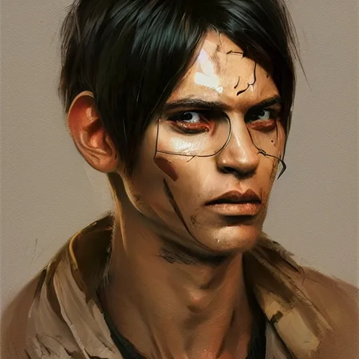 Image similar to Portrait of a man by Greg Rutkowski, cyborg, he is about 30 years old, indian, cybernetic eyes implants, messy long black hair, slim and tall, he is wearing utilitarian beige black jumpsuit, highly detailed portrait, digital painting, artstation, concept art, smooth, sharp foccus ilustration, Artstation HQ.