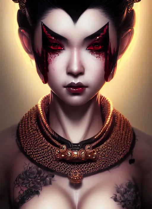 Image similar to soft lustrous ebony geisha seductive raver yakuza gothic gutter punk, highly detailed, digital painting, octane render, artstation, concept art, smooth, sharp focus, illustration, art by artgerm, loish, wlop