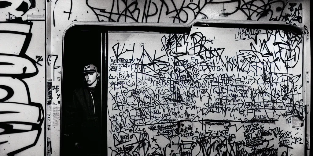 Image similar to subway cabin inside all in graffiti, man in stussy jacket closeup writing graffiti, night, film photography, exposed b & w photography, christopher morris photography