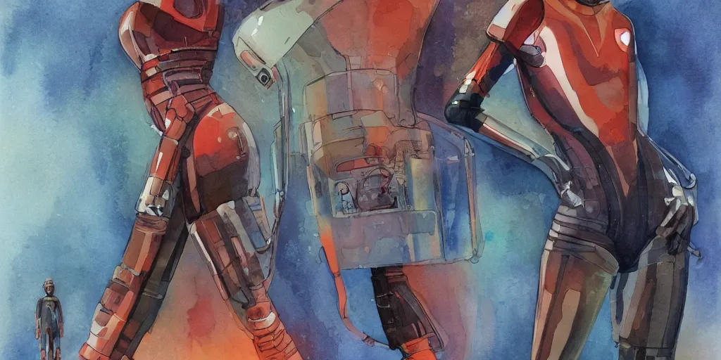 Image similar to woman, full body, wide shot, modern space suit, intriguing helmet, stylized character design, the expanse tv series, large shoulders, short torso, long thin legs, tiny feet, science fiction, hyperdetailed, technical suit, dieselpunk, watercolor digital painting, in the style of bruce timm, by alex maleev