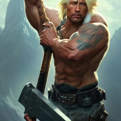 Prompt: Dwayne Johnson as Cloud Strife, western, D&D, fantasy, intricate, elegant, highly detailed, digital painting, artstation, concept art, matte, sharp focus, illustration, art by Artgerm and Greg Rutkowski and Alphonse Mucha