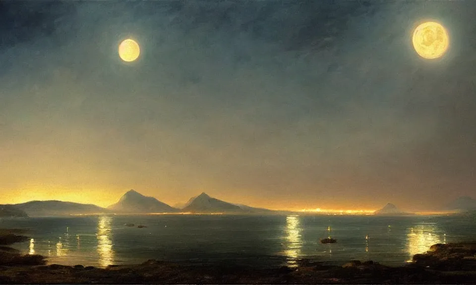 Image similar to the most beautiful panoramic landscape, oil painting, a beach at night lit by the moon, mountains in the distance, clouds, foggy, cinematic lighting, highly detailed, very realistic