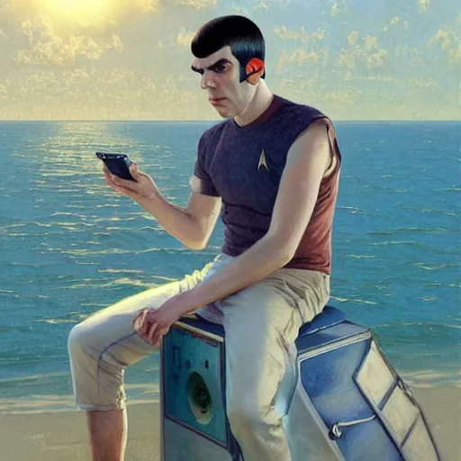 Image similar to portrait of ZACHARY QUINTO SPOCK listening to music, beach, sun shining, (SFW) safe for work, photo realistic illustration by greg rutkowski, thomas kindkade, alphonse mucha, loish, norman rockwell