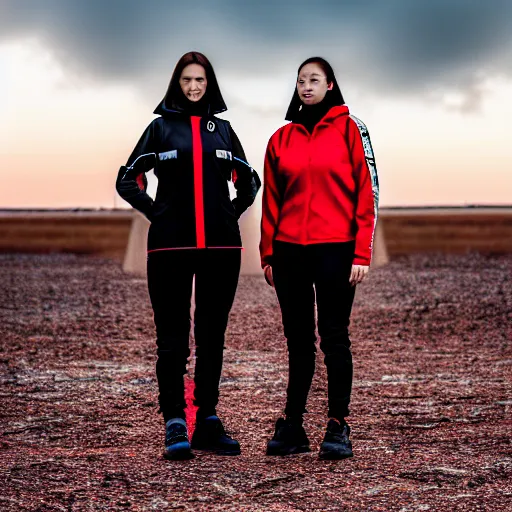 Image similar to photographic portrait of 2 techwear women in front of a brutalist metal building, on a desolate plain, red sky, sigma 8 5 mm f / 1. 4, 4 k, depth of field, high resolution, 4 k, 8 k, hd, full color