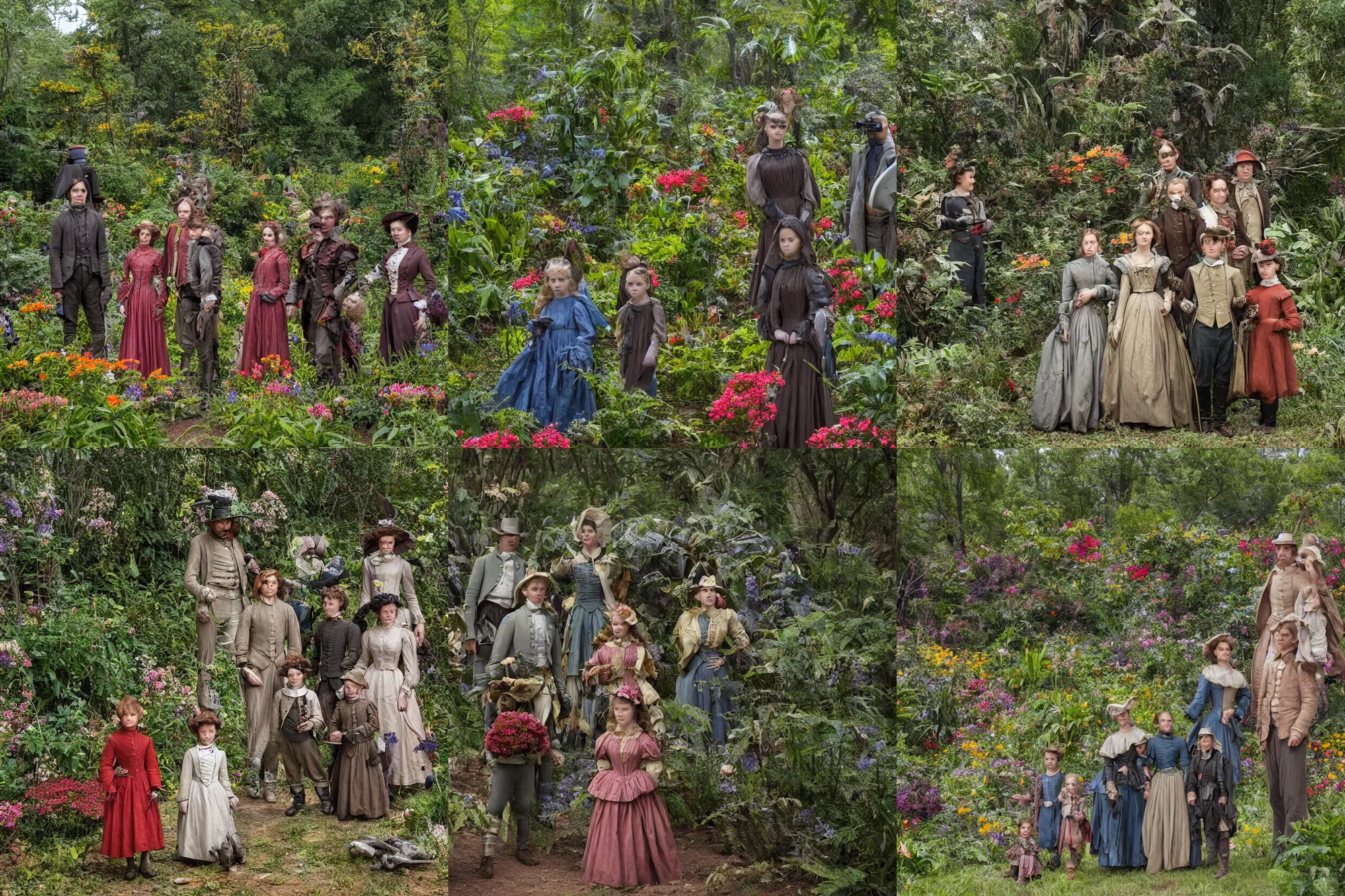Prompt: sharp, highly detailed, 36864k film, 175000mm film still from a sci fi blockbuster color movie made in 2019, set in 1860, of a family standing in a park, next to some strange alien plants and flowers, on an alien planet, the family are all wearing 1860s era clothes, good lighting, enhanced faces, 700mm f/1.4L lens