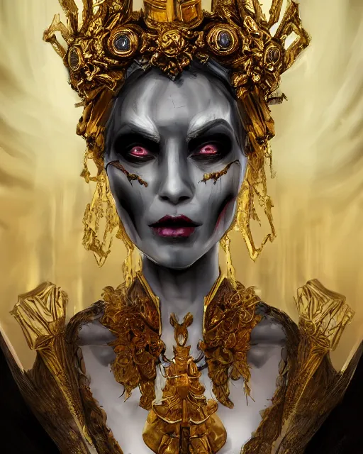 Prompt: an evil portrait of an undead empress made of porcelain wearing a massive headdress made of ornate gold metal, art deco, smooth, intricate, elegant, graceful, dark fantasy, death and dying, digital painting, artstation, concept art, cinematic color scheme, sharp focus, digital matte paintning