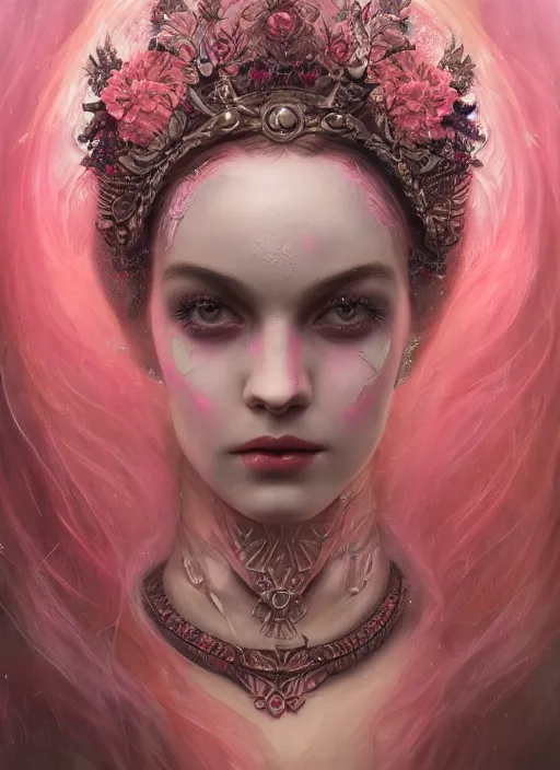 Image similar to portrait of pink fairy, symmetric, facepaint facepaint facepaint, intricate jewelry, trending on artstation 4 k, high quality, in the style of karol bak and tom bagshaw