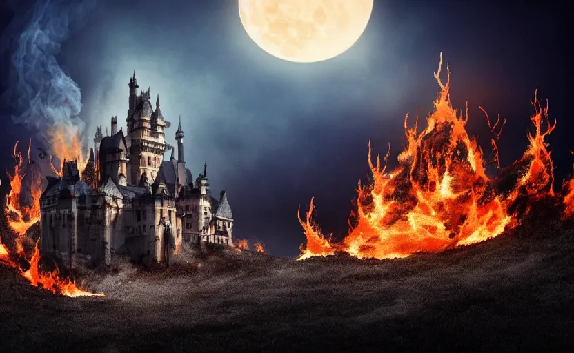 Prompt: a picture in high contrast of burning!!! gothic! castle in smoke on a hill, chaos, full moon in clouds, visual art, 8 k resolution, 3 d modelling, soft lighting