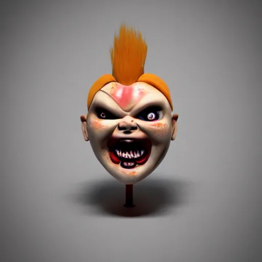Prompt: screaming chucky doll made of out milano glass octane render