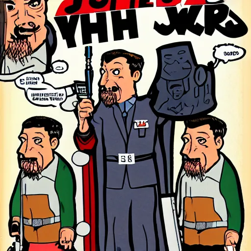 Image similar to comic book of angry jews with lightsabers and adolf hitler accurate eyes high detail