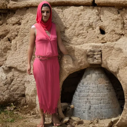 Image similar to 25 year old Mediterranean skinned woman in ancient Canaanite clothing next to an ancient well, 8k resolution, hyper detailed