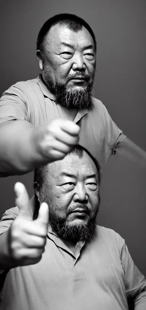 Prompt: Ai Weiwei looking angry into the camera showing his middle finger, blue soft light, 50 mm