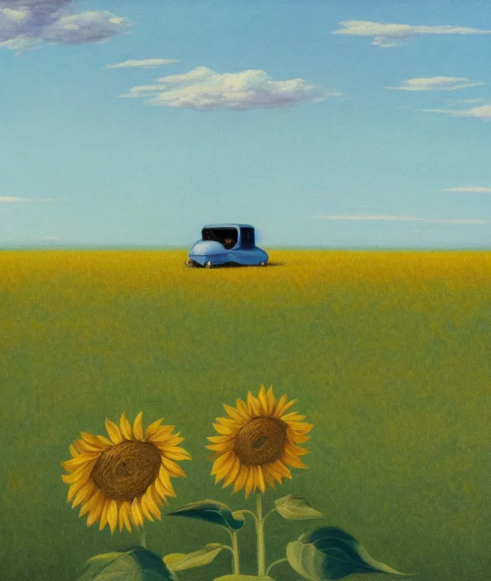 Image similar to a highly detailed painting of a sunflower field and an ufo abducting a cow, very fine brush strokes, baby blue sky with aesthetic clouds, in the style of edward hopper, 4 k,