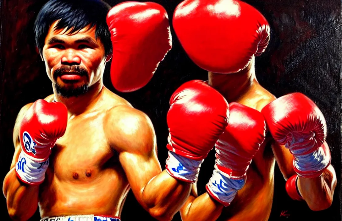 Image similar to portrait of manny pacquiao with red boxing gloves!!!!!!!!!!!!!!!!!!!!!!!!!!!, detailed face, detailed painting, epic lighting, by ilya repin, phil hale and kent williams