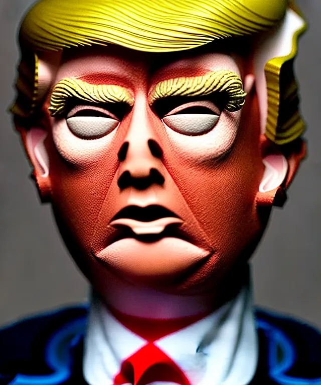 Prompt: hyperrealistic mixed media painting of Donald Trump as a doll, stunning 3d render inspired art by P. Craig Russell and Barry Windsor-Smith + perfect facial symmetry + dim volumetric lighting, serious expression, 8k octane beautifully detailed render, post-processing, extremely hyperdetailed, intricate, epic composition, cinematic lighting + masterpiece, trending on artstation, very very detailed, masterpiece, stunning