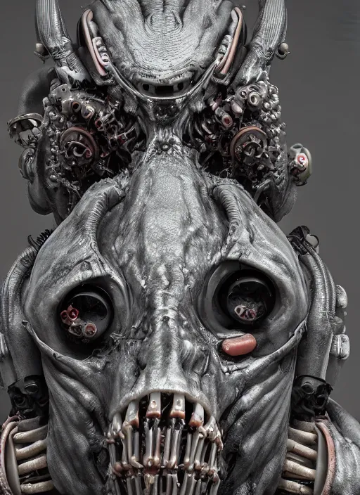 Image similar to a close up of a creepy looking biomechanical animal, gigeresque cyberpunk art by ikuo hirayama, photorealism, octane render, behance hd, polycount