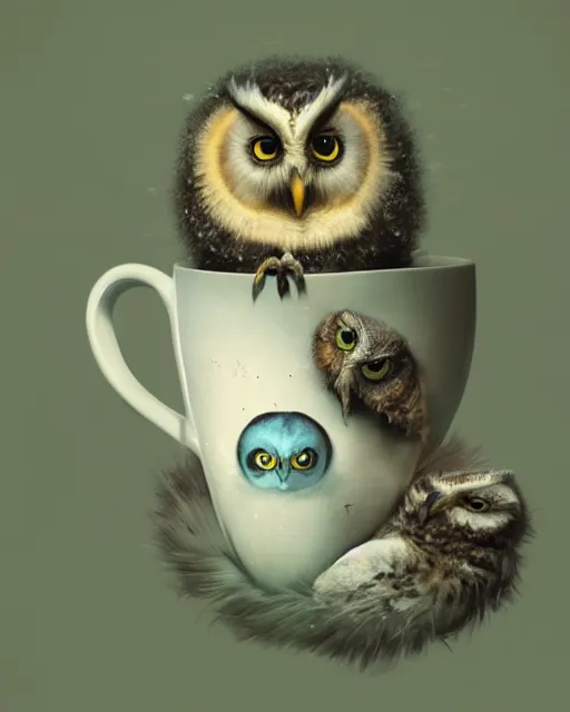 Image similar to long shot of a very cute owl chick nesting in a futuristic mug, esao andrews, humorous illustration, hyperrealistic, big depth of field, warm colors, whimsical cosmic night scenery, low light, 3 d octane render, 4 k, concept art, hyperdetailed, hyperrealistic, trending on artstation