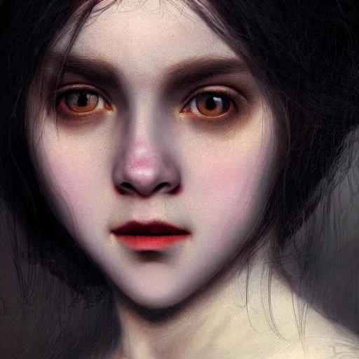 Prompt: portrait of young vampire princess, head only, realistic eyes, headshot, pale skin, 4k, rule of thirds, extreme detail, intricate illustration, trending artstation, cgsociety, hd, fantasy, realistic lighting, by Albert Bierstadt, Frederic Edwin Church.