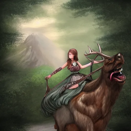 Image similar to girl in a dress riding a giant elk, trending on art station