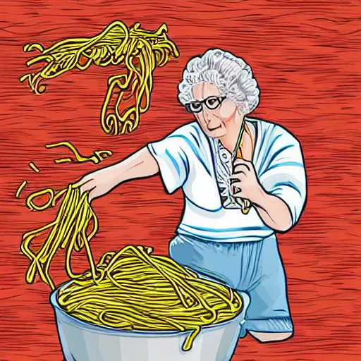 Prompt: grandma falling into a pit of spaghetti