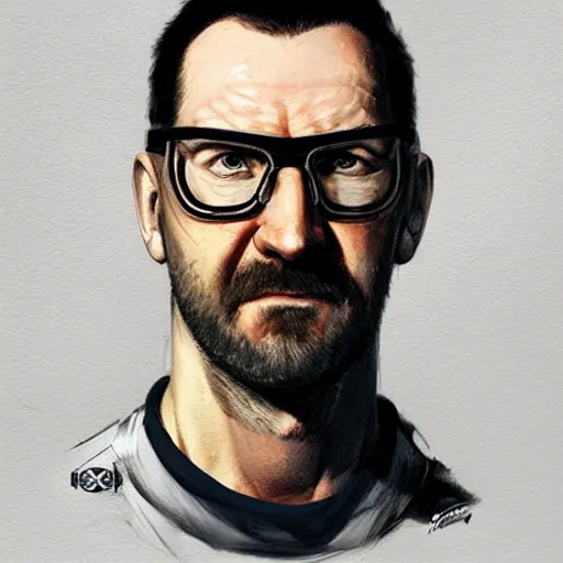 Prompt: yuri gagarin as gordon freeman, face portrait, hd shot, digital portrait, beautiful, artstation, comic style, by artgerm, guy denning, jakub rozalski, magali villeneuve and charlie bowater