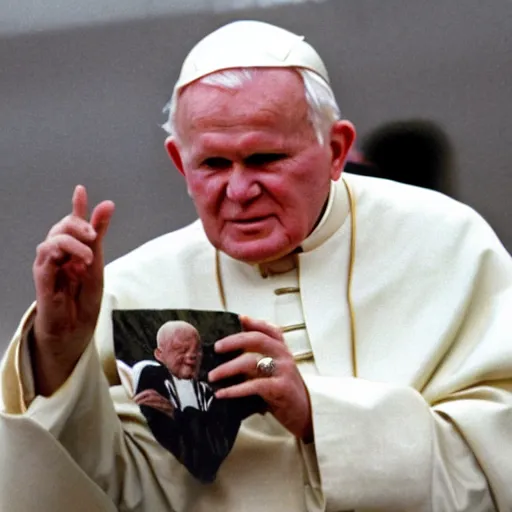 Image similar to john paul ii holding a yeezy sneaker, admiring it