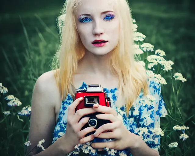 Prompt: pale young woman with bright blonde hair, freckles, blue eyes and a wide face, flowery dress, using a professional slr camera close to her face, dramatic lighting, bright flare, surreal art by anna nikonova