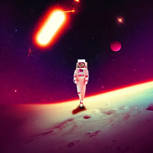 Prompt: A wide-angle shot from below of a female astronaut with an athletic feminine body walking with swagger toward camera on Mars in an infinite universe, synthwave digital art