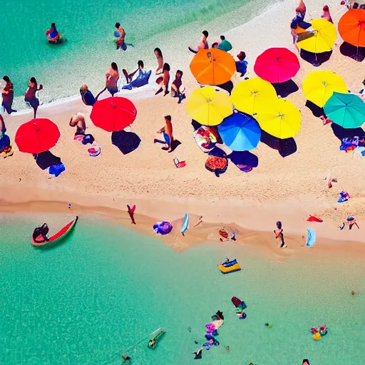 Image similar to photograph beachscapes from an almost perpendicular angle, Aerial view of sandy beach with umbrellas and sea, Aerial of a crowded sandy beach with colourful umbrellas, sun bathers and swimmers during summer, by Tommy Clarke