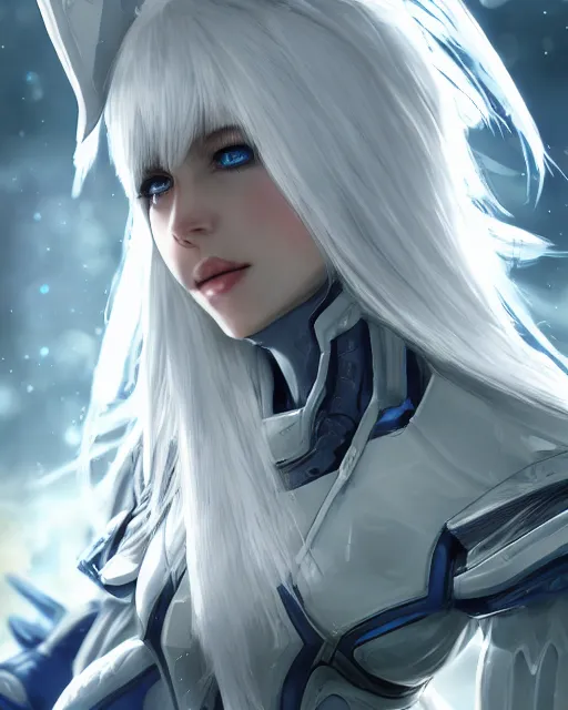 Prompt: perfect white haired girl, warframe armor, beautiful, dreamy, pretty face, blue eyes, detailed, windy weather, scifi, utopian architecture, laboratory, 4 k, ultra realistic, aura of light, cinematic, high detail, masterpiece, art by akihito tsukushi, akasuki voidstar