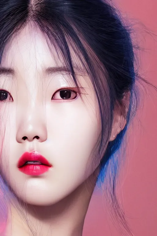 Image similar to close-up portrait of Lee Ji-Eun, captivating, rule of thirds, majestic, created by James Jean, mutiversal tsunami, award winning photo, seductive, captivating, close-up, hot, unreal engine, masterpiece, perfect symmetry, rgb, colorful clouds
