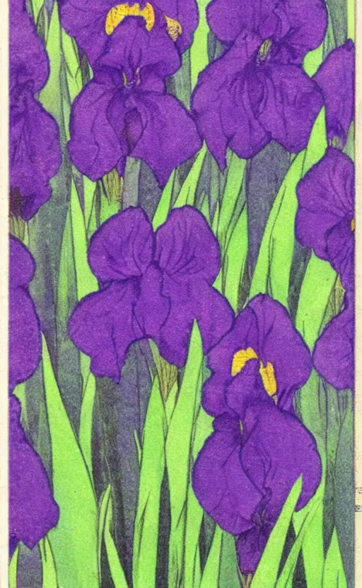 Prompt: by akio watanabe, manga art, soft purple iris flowers and lake, trading card front