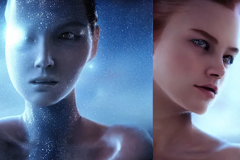 Image similar to VFX movie of a futuristic space woman model gorgeous portrait in inhuman future spaceship, beautiful natural skin natural lighting by Emmanuel Lubezki