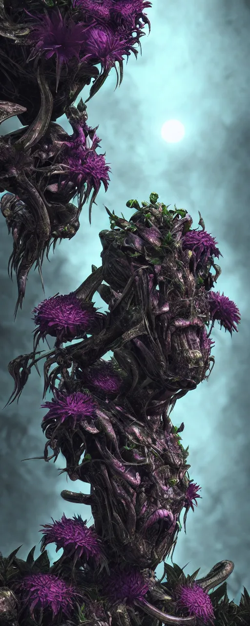 Prompt: visceral exoskeletal formations surrounding of aliens flowers and plants, mythical ancient life, concept art, dramatic contrast photorealistic lighting, surreal, hyper detailed, cycles 3 d render, 8 k