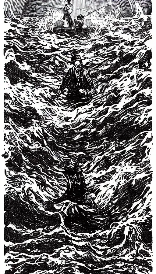 Image similar to man on boat crossing a body of water in hell with creatures in the water, sea of souls, by h. p. lovecraft