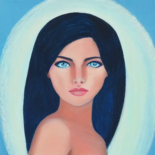 Image similar to portrait of glowing goddess with fair skin and blue eyes beautiful face with black hair