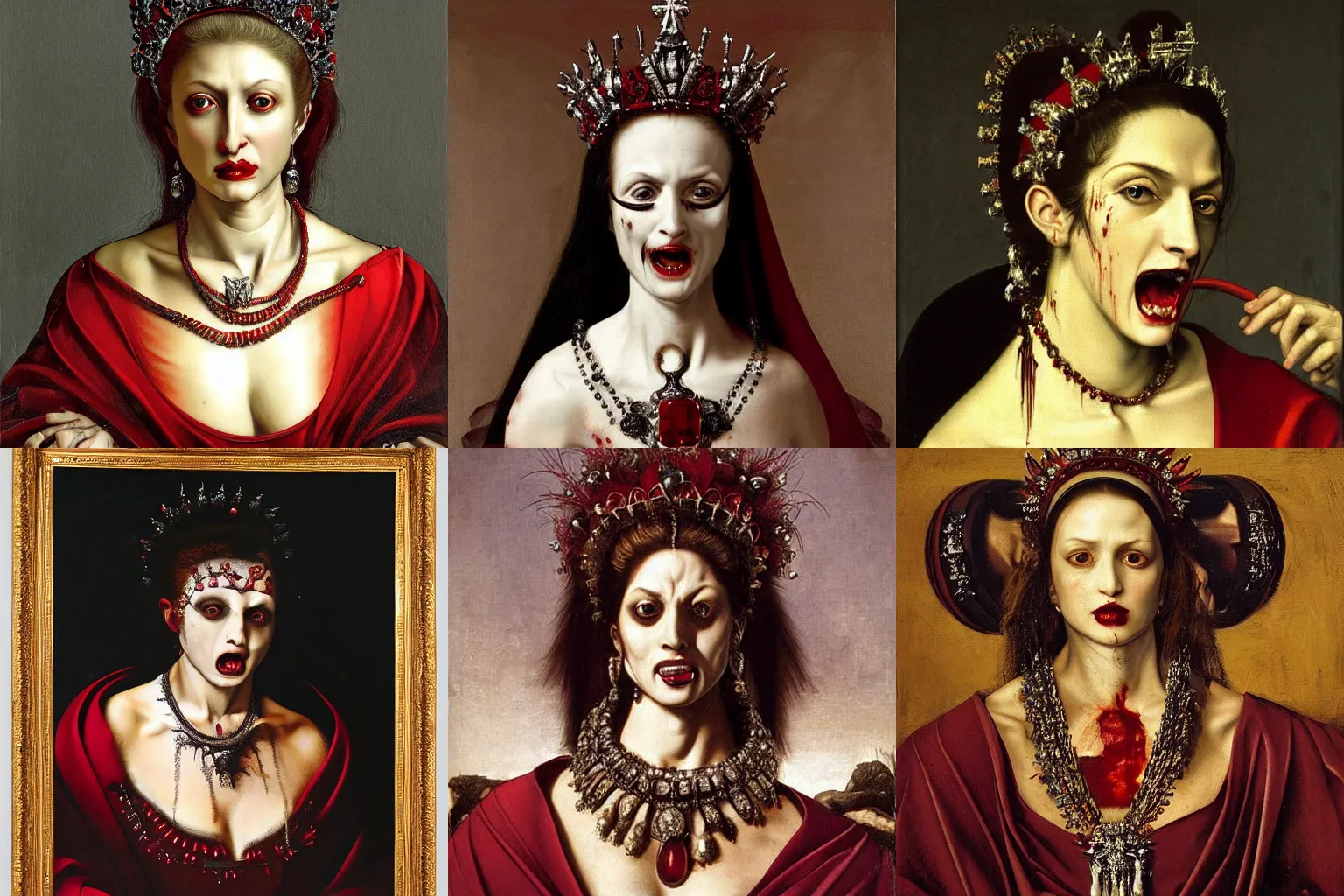 Image similar to A extremely highly detailed majestic hi-res beautiful immaculate head and shoulders painting of a angry, bloody vampire woman with fangs, filled with hatred and rage, crying tears of red blood wearing a long royal red silk dress, the crown jewels is on her head and around her neck is a ornate golden necklace decorated with diamonds and rupees smiling by Michelangelo Merisi da Caravaggio, high detail, hyperrealistic, photorealistic, octante render, cinematic, high textures, royaltly, royal, hyper sharp, 4k insanely detailed and intricate, hypermaximalist, 8k, hyper realistic, super detailed, 4k HDR hyper realistic high,