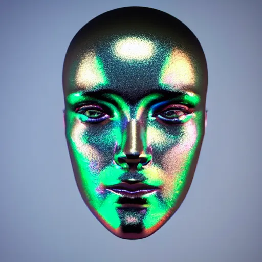 Prompt: 3d render of holographic human robotic head made of glossy iridescent, surrealistic 3d illustration of a human face non-binary, non binary model, 3d model human, cryengine, made of holographic texture, holographic material, holographic rainbow, concept of cyborg and artificial intelligence