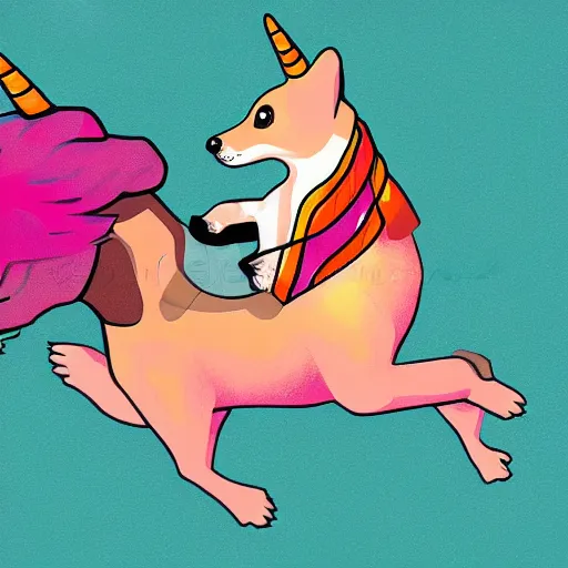 Prompt: vector illustration of a corgi riding a unicorn, detailled vector illustration, digital art, artstation