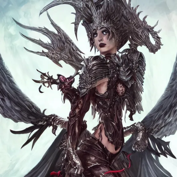 Image similar to A female angel with a dark armour and one pair of vig devil wings , D&D , fantasy , highly detailed, digital art, artstation, smooth, sharp focus, fantasy illustration, art by Peter Tang and artgem and Alina Ivanchenko and Hirokazu Yokohara and Kago Shintaro